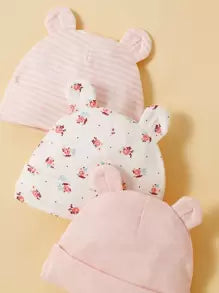 momscare 3pcs Cute Pink Rose Pattern Hats, Soft & Comfortable Bear Ear Caps, Suitable For Newborns And Infants - Adorable Baby Hats, Also Make Great Fontanel Gifts For Baby Girls