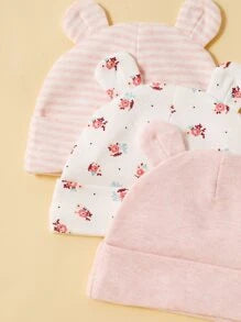 momscare 3pcs Cute Pink Rose Pattern Hats, Soft & Comfortable Bear Ear Caps, Suitable For Newborns And Infants - Adorable Baby Hats, Also Make Great Fontanel Gifts For Baby Girls
