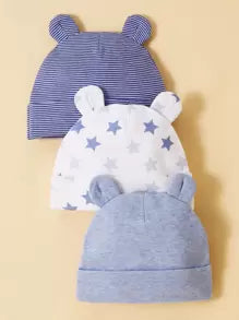 momscare 3pcs Blue Star Pattern Hats, Soft & Comfortable Bear Ear Caps, Suitable For Newborns And Infants - Adorable Baby Hats, Also Make Great Gifts For Baby Boys