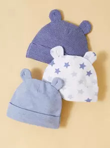 momscare 3pcs Blue Star Pattern Hats, Soft & Comfortable Bear Ear Caps, Suitable For Newborns And Infants - Adorable Baby Hats, Also Make Great Gifts For Baby Boys