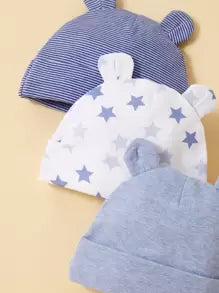 momscare 3pcs Blue Star Pattern Hats, Soft & Comfortable Bear Ear Caps, Suitable For Newborns And Infants - Adorable Baby Hats, Also Make Great Gifts For Baby Boys