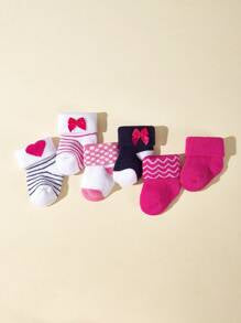 6pairs/Pack Baby Girls' Socks With Valentine's Day Heart & Bowknot Decor, Warm Plush Socks