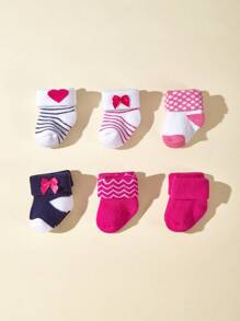 6pairs/Pack Baby Girls' Socks With Valentine's Day Heart & Bowknot Decor, Warm Plush Socks