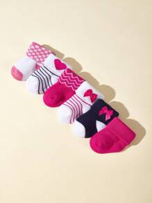 6pairs/Pack Baby Girls' Socks With Valentine's Day Heart & Bowknot Decor, Warm Plush Socks
