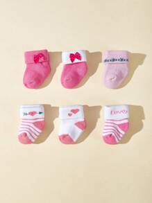 6pairs/Pack Valentine's Day Heart & Bow Decor Warm Terry Socks For Baby Girls