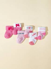 6pairs/Pack Valentine's Day Heart & Bow Decor Warm Terry Socks For Baby Girls