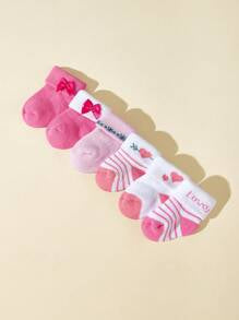 6pairs/Pack Valentine's Day Heart & Bow Decor Warm Terry Socks For Baby Girls