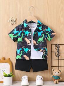Baby Boy Casual Cartoon Dinosaur Print Short Sleeve Shirt And Shorts Set For Summer