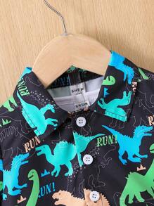 Baby Boy Casual Cartoon Dinosaur Print Short Sleeve Shirt And Shorts Set For Summer