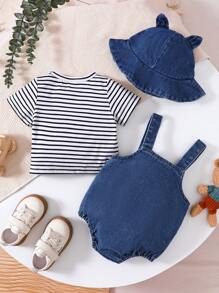 SHEIN Playful Pals Baby Boy's Casual Striped Short Sleeve T-Shirt And Plush Bear Suspender Shorts Set, Summer