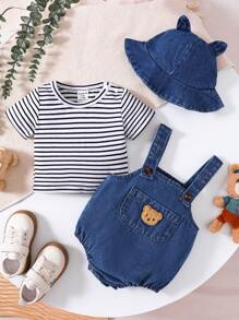 SHEIN Playful Pals Baby Boy's Casual Striped Short Sleeve T-Shirt And Plush Bear Suspender Shorts Set, Summer