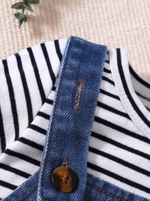 SHEIN Playful Pals Baby Boy's Casual Striped Short Sleeve T-Shirt And Plush Bear Suspender Shorts Set, Summer