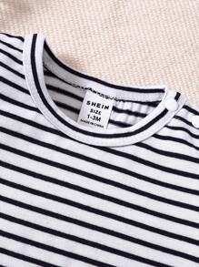 SHEIN Playful Pals Baby Boy's Casual Striped Short Sleeve T-Shirt And Plush Bear Suspender Shorts Set, Summer