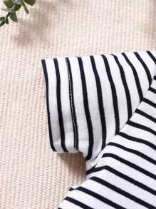 SHEIN Playful Pals Baby Boy's Casual Striped Short Sleeve T-Shirt And Plush Bear Suspender Shorts Set, Summer