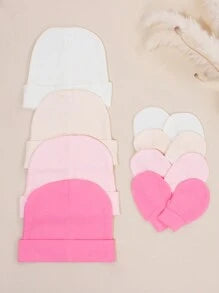 4pcs/Set Pink Newborn Hospital Hat, Baby Hat And Anti-Scratch Mittens Set, Suitable For 0-3 Months Baby Girls, Essential Infant Hat, Knit Cap And Gloves, Casual Daily Wear