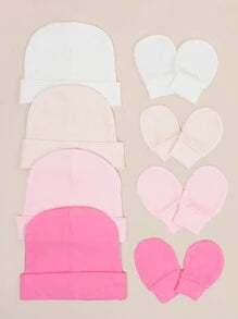 4pcs/Set Pink Newborn Hospital Hat, Baby Hat And Anti-Scratch Mittens Set, Suitable For 0-3 Months Baby Girls, Essential Infant Hat, Knit Cap And Gloves, Casual Daily Wear