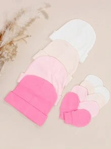 4pcs/Set Pink Newborn Hospital Hat, Baby Hat And Anti-Scratch Mittens Set, Suitable For 0-3 Months Baby Girls, Essential Infant Hat, Knit Cap And Gloves, Casual Daily Wear
