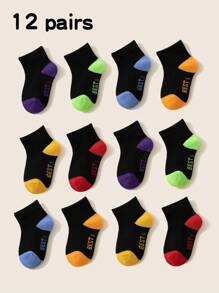 12 Pairs Kids Socks, Spring & Summer Colorful Letter Print Breathable Sports Socks For School Boys & Girls, Autumn Thin Casual Crew Socks For Toddlers, Children, Students