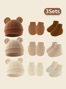 3pcs/Set Newborn Infant Beanies + Anti-Scratch Mittens + Socks Suit In Milk Tea Color For Daily Wear