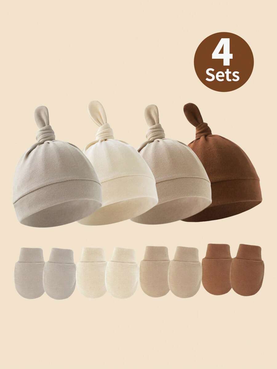 4sets Newborn Brown Series Pacifier Hat + Anti-Scratch Mittens Set, Suitable For Baby Daily Use