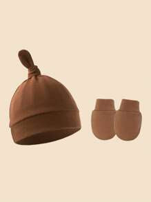 4sets Newborn Brown Series Pacifier Hat + Anti-Scratch Mittens Set, Suitable For Baby Daily Use