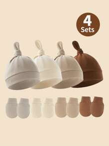 4sets Newborn Brown Series Pacifier Hat + Anti-Scratch Mittens Set, Suitable For Baby Daily Use