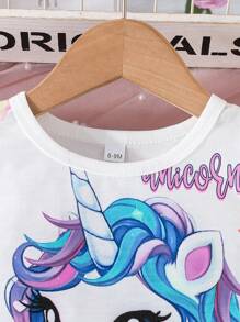 2pcs Baby Girls' Lovely Unicorn Printed Cap Sleeve T-Shirt And Long Pants Summer Outfits