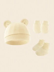 3pcs/Set Newborn Infant Beanies + Anti-Scratch Mittens + Socks Suit In Milk Tea Color For Daily Wear