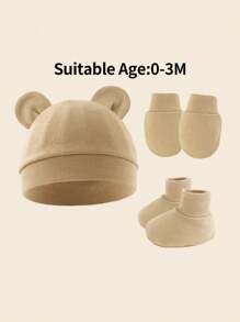 3pcs/Set Newborn Infant Beanies + Anti-Scratch Mittens + Socks Suit In Milk Tea Color For Daily Wear