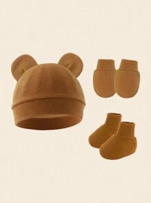 3pcs/Set Newborn Infant Beanies + Anti-Scratch Mittens + Socks Suit In Milk Tea Color For Daily Wear