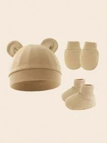 3pcs/Set Newborn Infant Beanies + Anti-Scratch Mittens + Socks Suit In Milk Tea Color For Daily Wear