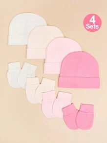 4pcs/Set Pink Newborn Hospital Hat, Baby Hat And Anti-Scratch Mittens Set, Suitable For 0-3 Months Baby Girls, Essential Infant Hat, Knit Cap And Gloves, Casual Daily Wear