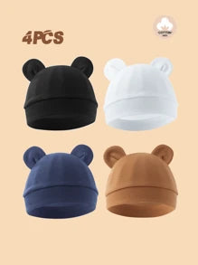 4pcs Newborn Infant Cotton Double-Ear Beanie Hat Set, Soft Knit, Simple, Breathable, Warm, Suitable For Newborn Baby Daily Wear To Head