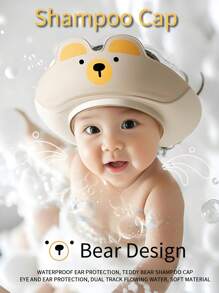 1 Piece Of Baby PP+TPE Shampoo Cap Cartoon Bear Design Shower Cap 3-Layer Waterproof Bath Ear Cap Soft And Comfortable Fit The Head Without Pinching The Skin Adjustable Size Not Suitable For Babies Under 1 Year Old