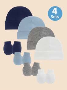 4pcs Set Blue Newborn Hospital Hat, Baby Hat And Anti-Scratch Mittens Set, Suitable For 0-3 Months Newborn Baby Boys, Essential Baby Hat, Knit Cap And Gloves, Casual Daily Wear