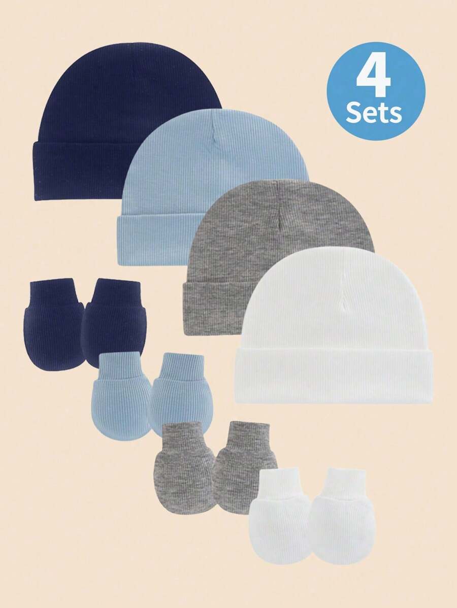4pcs Set Blue Newborn Hospital Hat, Baby Hat And Anti-Scratch Mittens Set, Suitable For 0-3 Months Newborn Baby Boys, Essential Baby Hat, Knit Cap And Gloves, Casual Daily Wear