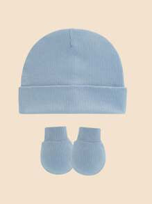 4pcs Set Blue Newborn Hospital Hat, Baby Hat And Anti-Scratch Mittens Set, Suitable For 0-3 Months Newborn Baby Boys, Essential Baby Hat, Knit Cap And Gloves, Casual Daily Wear