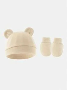 4pcs/Set Solid Color Newborn Baby Beanie Hat + Anti-Scratch Mittens Set, Gift For 0-6 Months, Suitable For Infant Daily Casual Wear In Spring, Summer, Autumn And Winter, Versatile