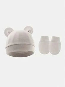4pcs/Set Solid Color Newborn Baby Beanie Hat + Anti-Scratch Mittens Set, Gift For 0-6 Months, Suitable For Infant Daily Casual Wear In Spring, Summer, Autumn And Winter, Versatile