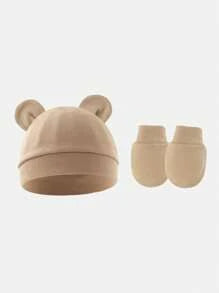 4pcs/Set Solid Color Newborn Baby Beanie Hat + Anti-Scratch Mittens Set, Gift For 0-6 Months, Suitable For Infant Daily Casual Wear In Spring, Summer, Autumn And Winter, Versatile