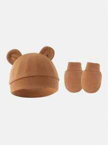 4pcs/Set Solid Color Newborn Baby Beanie Hat + Anti-Scratch Mittens Set, Gift For 0-6 Months, Suitable For Infant Daily Casual Wear In Spring, Summer, Autumn And Winter, Versatile