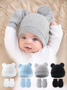 4 Sets Baby Bear Ear Hat & Mittens, Soft Skin-Friendly Newborn Gift For Baby Boys Girls 0-6M, Ideal For Hospital & Shower
