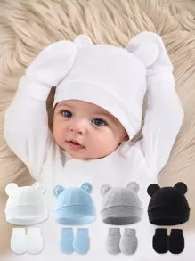 4 Sets Baby Bear Ear Hat & Mittens, Soft Skin-Friendly Newborn Gift For Baby Boys Girls 0-6M, Ideal For Hospital & Shower