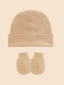 4pcs/Set Solid Color Baby Hat + Anti-Scratch Mittens Set, Suitable For Daily Wear