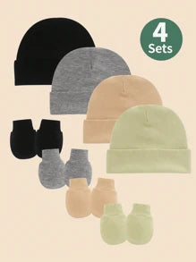 4pcs/Set Solid Color Baby Hat + Anti-Scratch Mittens Set, Suitable For Daily Wear