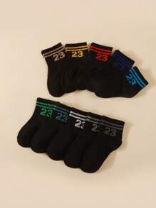 10 Pairs Kids Numerical & Bar Pattern Socks, Breathable Solid Color School Socks For Toddlers