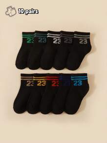10 Pairs Kids Numerical & Bar Pattern Socks, Breathable Solid Color School Socks For Toddlers