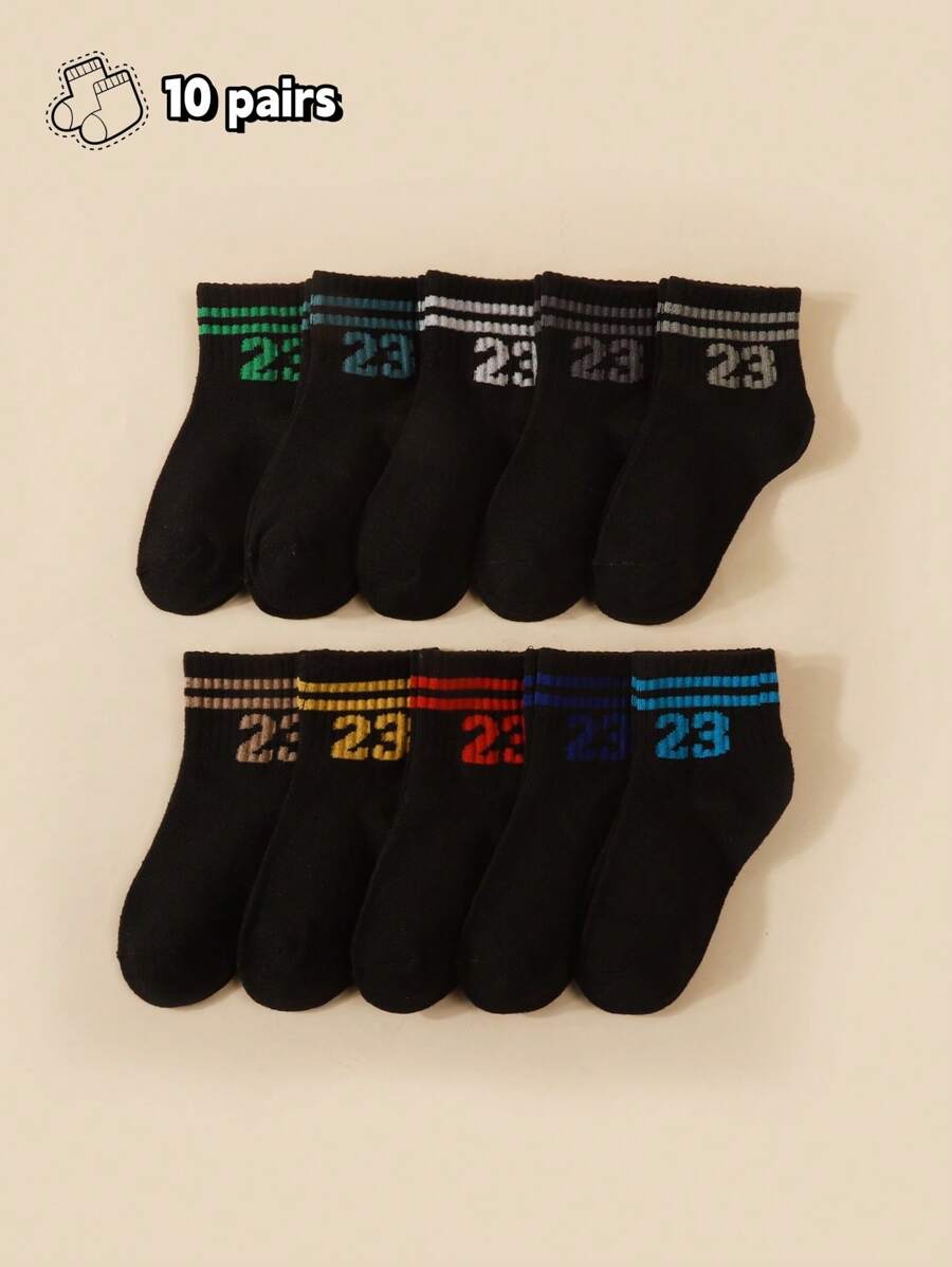 10 Pairs Kids Numerical & Bar Pattern Socks, Breathable Solid Color School Socks For Toddlers