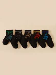 10 Pairs Kids Numerical & Bar Pattern Socks, Breathable Solid Color School Socks For Toddlers