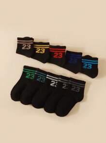 10 Pairs Kids Numerical & Bar Pattern Socks, Breathable Solid Color School Socks For Toddlers